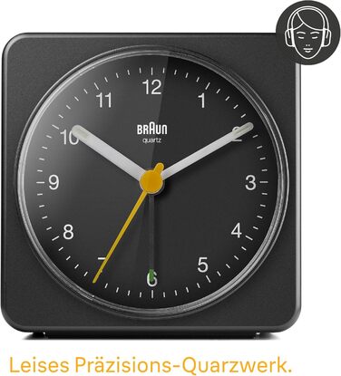 Braun Classic Analog Alarm Clock with Snooze Function and Light, Silent Quartz Movement, Crescendo Alarm, Black Model BC03B
