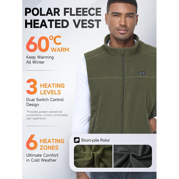 Обогріваючий жилет для чоловіків з акумулятором 10000mAh, 6 зон нагріву, USB, мікрофліс, регулювання температури, чорний (M)