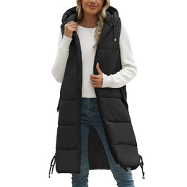 Жіноча довга жилетка Tuopuda з капюшоном на осінь/зиму, степкова жилетка з пухом, тепла, на блискавці, для активного відпочинку, чорна, розмір S