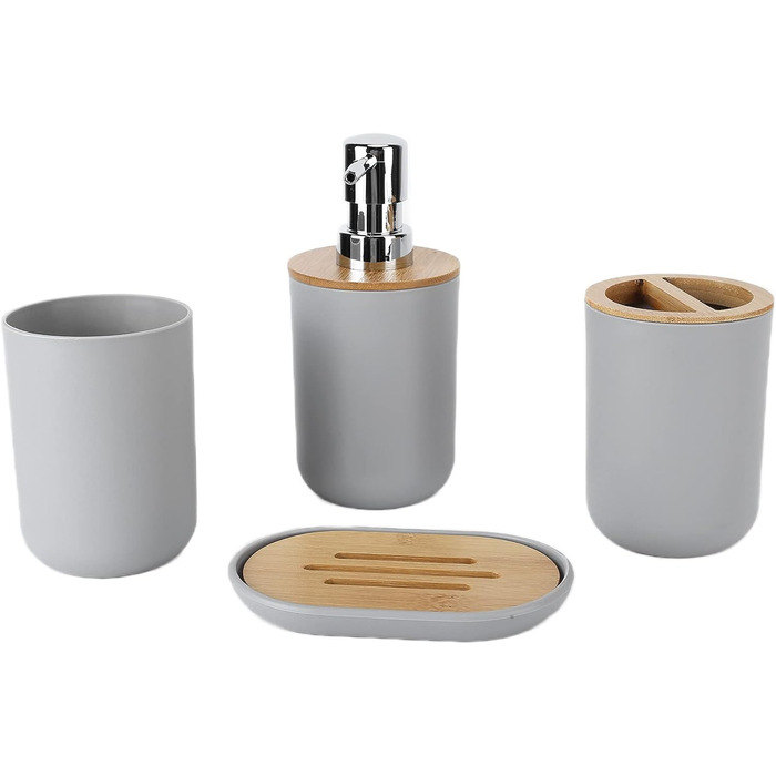Набір аксесуарів для ванної кімнати на 4 предмети: тримач для зубних щіток, мильниця, дозатор для лосьйону, стакан для ополіскувача, сучасне оздоблення для дому та готелю (сірий)