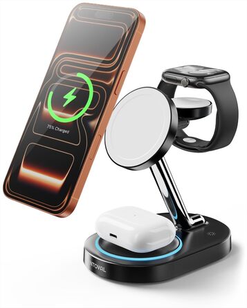 Intoval 3-в-1 Магнітний зарядний пристрій для iPhone 17/16/15/14/13/12, Apple Watch та AirPods. Бездротова зарядка з мережею (Чорний)