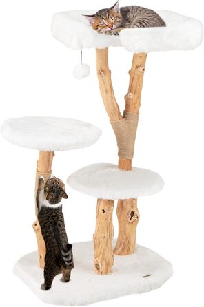 Дерев'яний кігтеточка для котів SOARS з 3-ма природними стовбурами, ліжко для котів та плюшеві поверхні, кігтеточка з іграшковим м'ячиком та джутовим мотузком, багатоповерхова, 59 x 49 x 110 см, білий колір