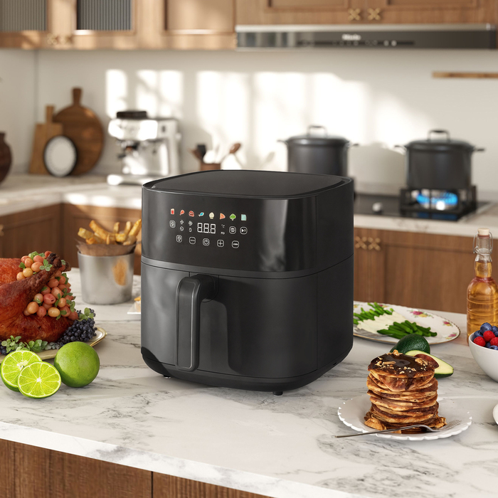 Фритюрниця HOMCOM з гарячим повітрям на 8 літрів (Airfryer) з 8 попередніми налаштуваннями, таймером на 60 хвилин, технологією 360° циркуляції гарячого повітря, потужністю 1700 Вт, без використання олії, з захистом від перегріву, LED-сенсорною панеллю упр