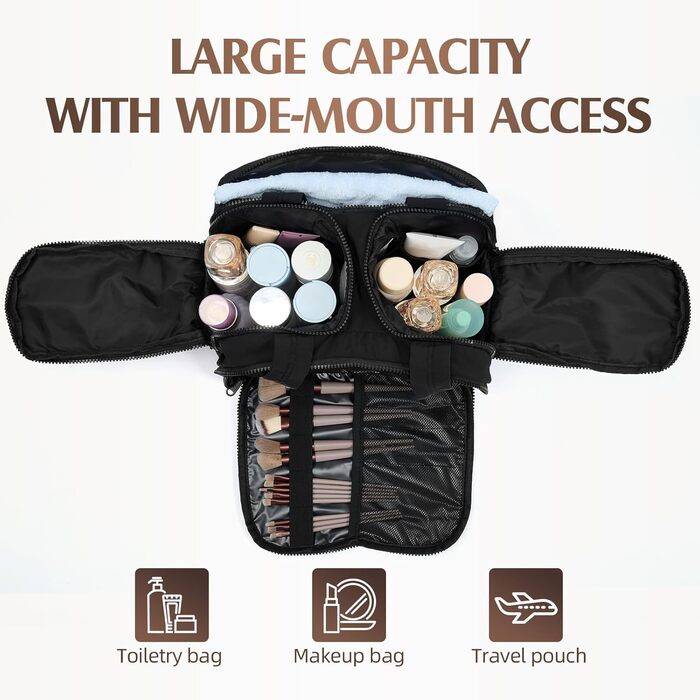 Чоловіча та жіноча косметичка для подорожей Axcone, велика, широка, органайзер для косметики та аксесуарів, ручна поклажа, чорна (T7151)