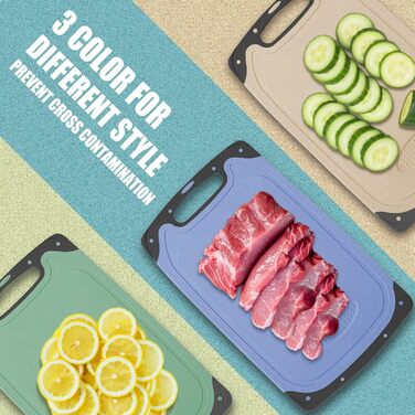 Cutting Board Set of 3, Plastic Cutting Board with Juice Grooves & Garlic Press Groove, Non-Slip Kitchen Board, Antibacterial Breakfast Board Cutting Boards for Fruit/Vegetables/Meat
