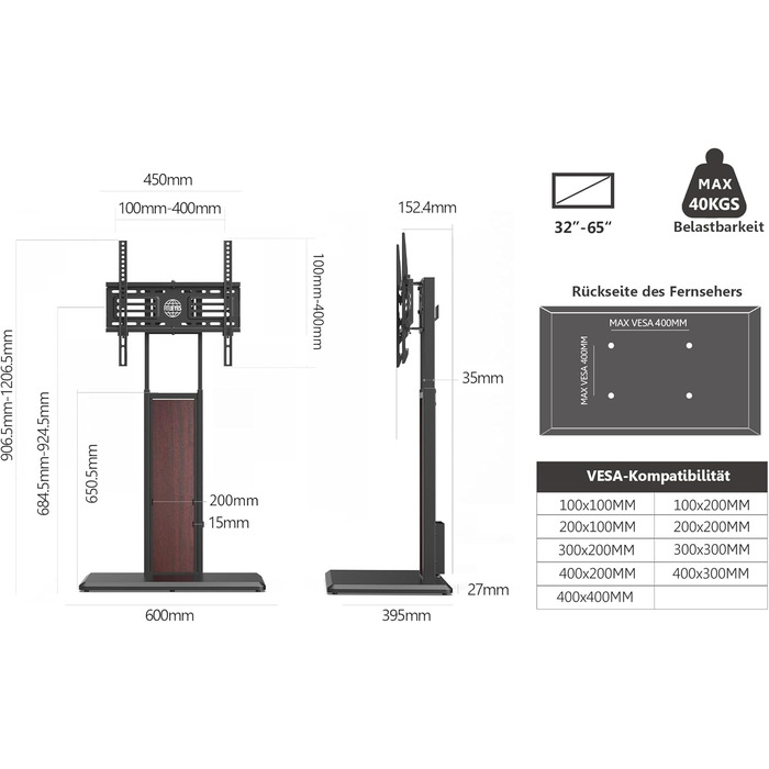 FITUEYES Adjustable TV Stand with Wood Shelf - Swivel & Height Adjustable TV Floor Stand for 32-65 inch TVs (VESA 400x400, Up to 40kg)