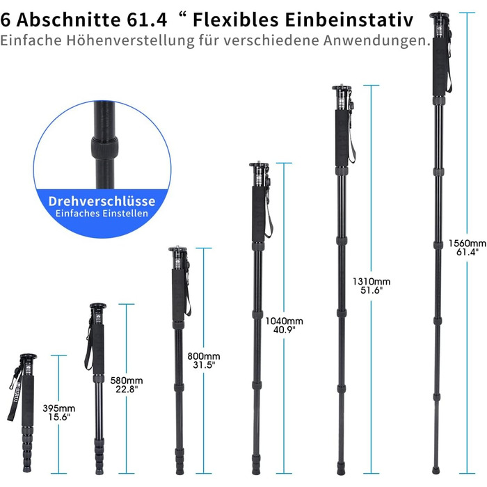 Штатив-монопод SIRUI P-306 для камери: легкий, компактний, алюміній, 6 секцій, до 155 см, 8 кг