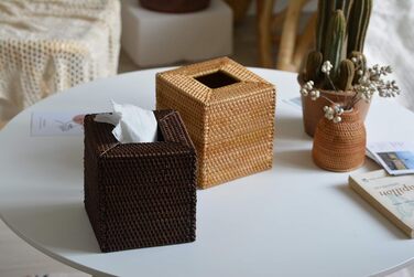 Rattan Cosmetic Tissue Box, Decorative Woven Tissue Holder, Napkin Dispenser for Bathroom/Kitchen/Office, 14.5 x 14.5 x 14.5 cm