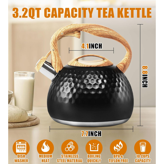 Чайник-свисток Foedo з нержавіючої сталі з дерев'яною текстурою, 3.2 л, для чаю, кави та молока, класичний дизайн, червоний (Чорний-6)