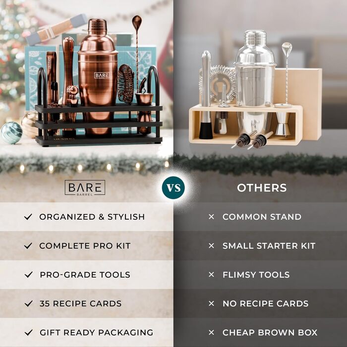 Набір бармена BARE BARREL® з 14 предметів: шейкер, аксесуари для приготування коктейлів, шейкер Cobbler 24oz, 35 рецептів, подарунковий набір