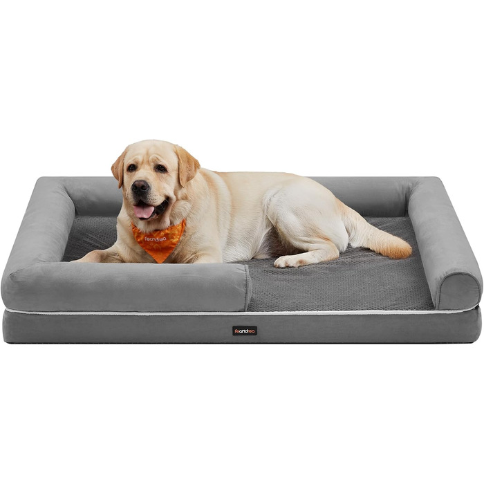 Feandrea Orthopedic Dog Bed, Dog Cushion, Dog Basket, Soft Padding, Dog Sofa, Raised Sides, Removable and Washable Cover, 91 x 71 x 20 cm, Non-Slip Bottom, PGW076G01 (L 135 x W 107 x H 25 cm, Light Grey)