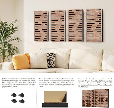 Акустичні панелі JBER для звукоізоляції стін, самоклеючі плити з імітацією горіха (4 шт), 60×30×4.5 см, тришарові декоративні панелі для студії звукозапису