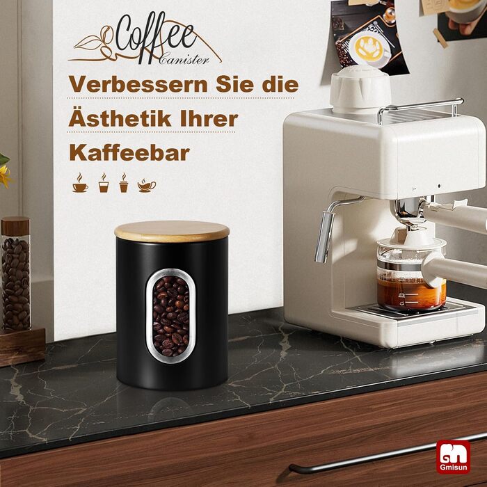 Герметична кавова банка Gmisun, 500г / 1,5л: для кавових зерен, меленої кави, капсул та паді, чорного кольору