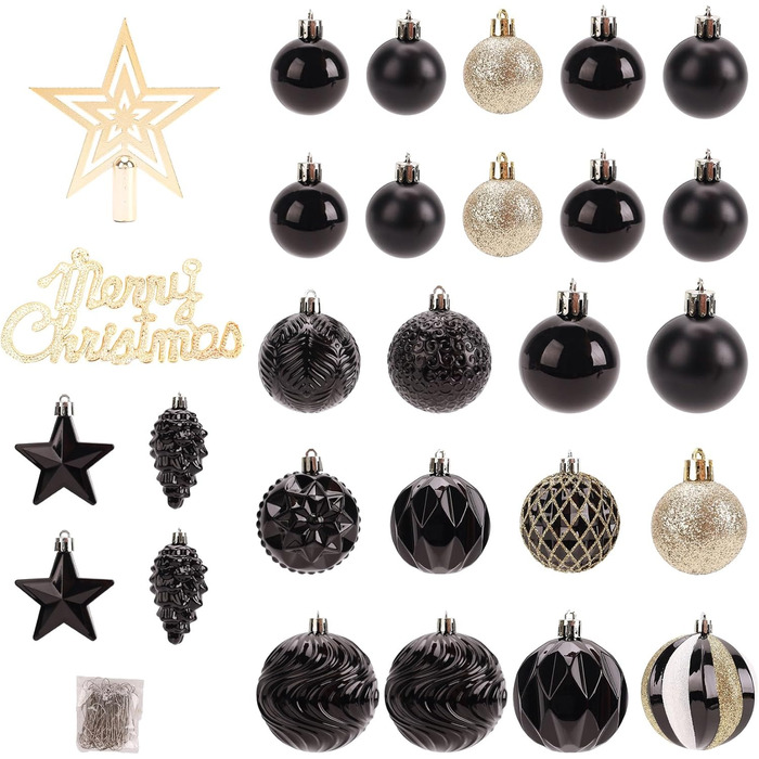40 шт. прозорих новорічних кулі з кришкою, 6 см, прикраси для ялинки, вікна, інтер'єру та екстер'єру, чорний + золотий (різні дизайни)