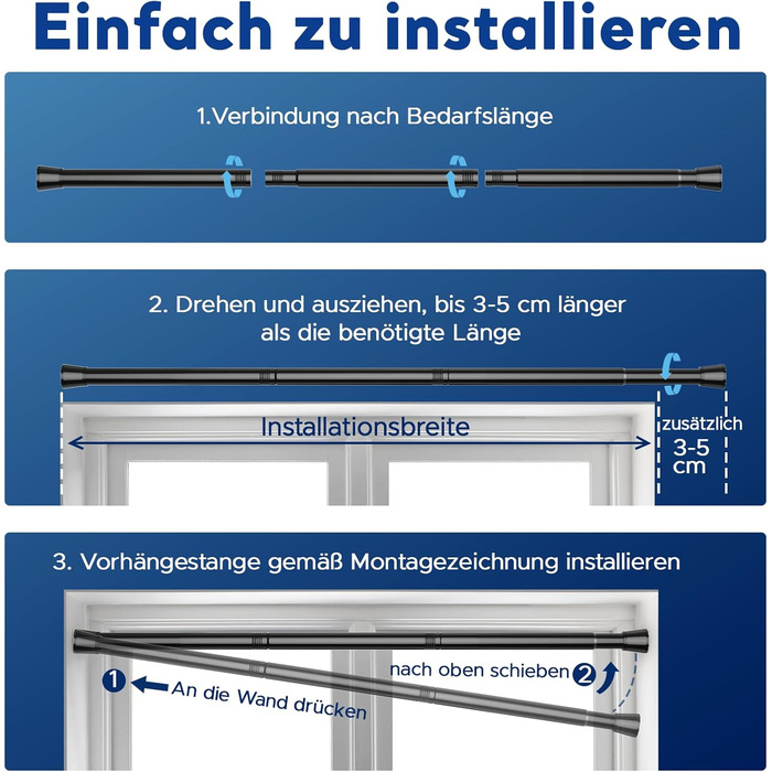 Штанга для карнизів без свердління – Ø 25 мм, 1 шт. Регульована телескопічна штанга для кріплення, для штор, душової завіси та гардеробу (Чорний, 71-98 см)