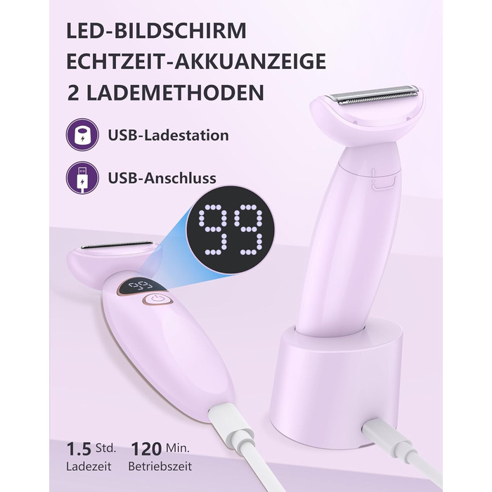 Електричний жіночий тример 3-в-1 для тіла, обличчя, Bikinizone, ніг, USB-зарядка, водонепроникний IPX7, білий (фіолетовий)