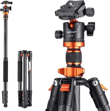 Штатив для камери K&F Concept 156см з вуглецевого волокна, компактний, знімний монопод, кульковий голівкою 360°, вантажопідйомність 15кг, A255C2+BH-36L