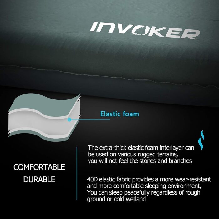 Каремат для кемпінгу Invoker - 8 см, самонадувний, з подушкою. Швидке надування за 25 секунд, для подорожей, рюкзаків та піших прогулянок. Легкий, зелений.