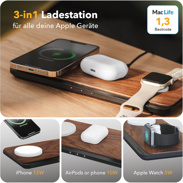 Woodcessories Multibase Pro: Бездротова зарядка 3-в-1 для iPhone, Apple Watch, AirPods з адаптером 45W - Walnut Wood