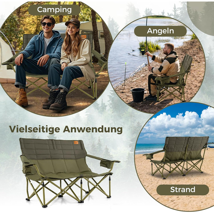Крісло для кемпінгу на 2 особи Costway, розкладне, з регульованими підлокітниками, тримачами для напоїв та сумкою, вантажопідйомність 272 кг, для відпочинку, риболовлі, пікніків (зелене)