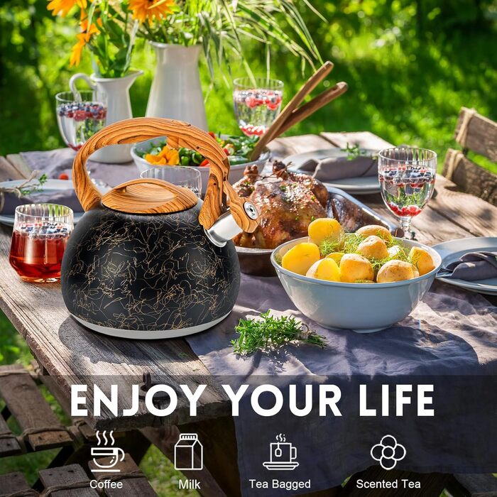 Чайник для плити GGC 3.1 л / 3 л з дерев'яною ручкою, з функцією кипіння, колір: сірий/чорний градієнт, нержавіюча сталь, для дому (Black Art Line)