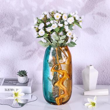 Blue-Green Blown Glass Flower Vase - Unique Murano Style Decor for Bookshelves & Living Rooms