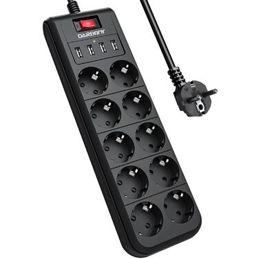 Мережевий фільтр з 4 USB, 6 розеток, вимикач, настінний, 3680W, 16A, 2 Type-C, кабель 1.8м (чорний)