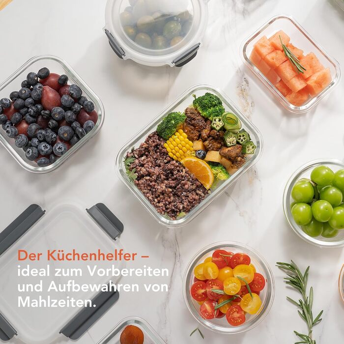 Скляні контейнери для зберігання їжі з кришками набір Frischhaltedosen: Meal Prep, мікрохвильова піч, морозилка, посудомийка, сірі