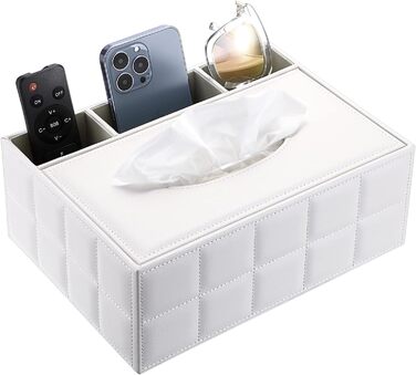 BTSKY Rectangular Tissue Box Holder made of PU Leather with Remote Control Pocket – Desk Tissue Holder, Organizer, Storage Box, Holder, Remote Control Container, White