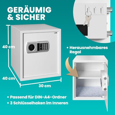 DEUBA® XXL електричний сейф 35x40x40 см, 4 мм, з подвійними сталевими болтами, внутрішнім освітленням, монтажним комплектом. Сейф для документів, меблевий сейф, срібний