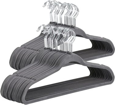 Yaheetech 100-Piece Clothes Hangers Velvet Suit Hangers with Non-Slip Surface, Closet Hangers, Anti-Slip, Space-Saving, 360° Swivel Hook, 0.5cm Thick, Gray