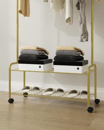 Clothes rack with 2-tier shelf, 3-in-1 design, clothes rack with 4 wheels, coat rack with 4 hooks for bags, Gold GR07499A