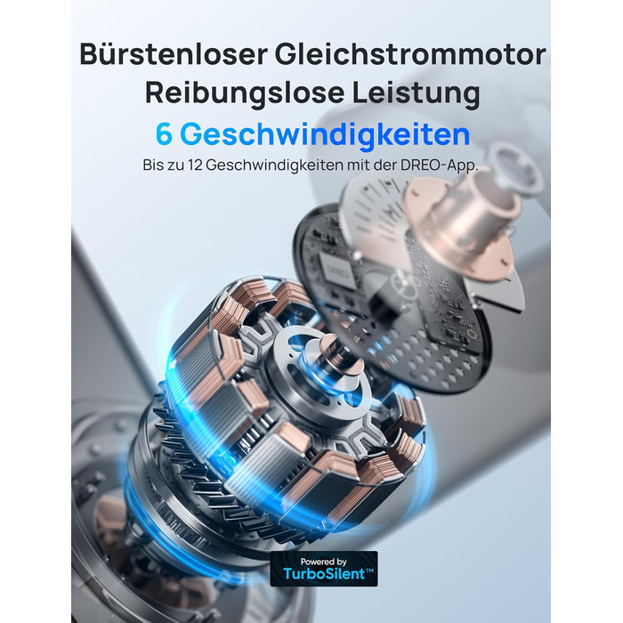 Дрео Смарт стельовий вентилятор з підсвічуванням, 132 см, 12 швидкостей, 3 режими, регульоване LED-підсвічування, тихий DC-двигун, 12H таймер, керування пультом/APP/Alexa, для приміщень (Чорний)