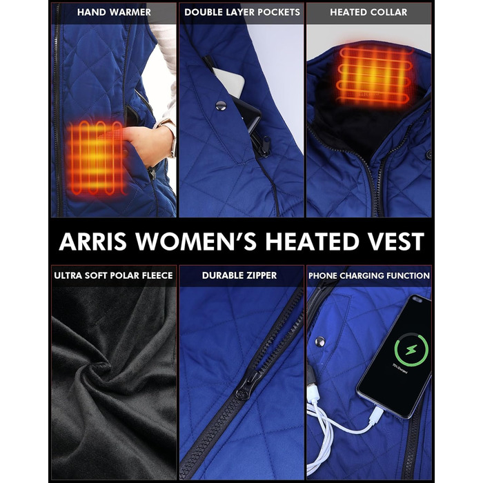 Електрична жилетка ARRIS з підігрівом, універсального розміру, блакитна - для туризму, кемпінгу, гольфу