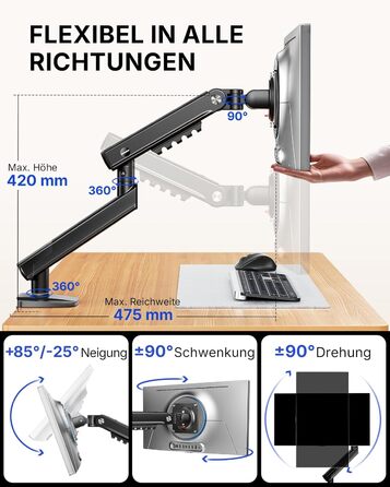 Кронштейн для монітора HUANUO FlowLift Pro MechaSpring, 13-32 дюйми, до 9 кг, регулювання нахилу, повороту та обертання, VESA 75/100 мм, для геймінгу та офісу