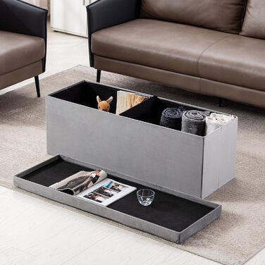 Складана оксамитова банкетка HNNHOME 110×40×40 см, сіра, пуф-оттоманка з кришкою для зберігання іграшок, для вітальні й спальні, екстравелика
