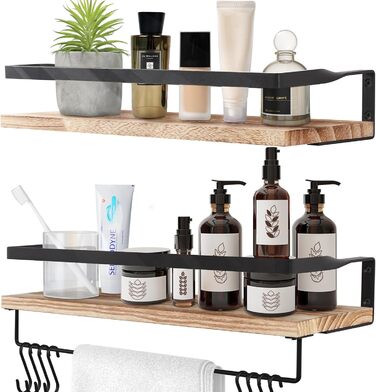 Настінна полиця з дерева, 2 шт. у наборі, рустикальний стиль, з тримачем для рушників, світло-коричневого кольору, для спальні, вітальні, ванної кімнати, кухні, офісу