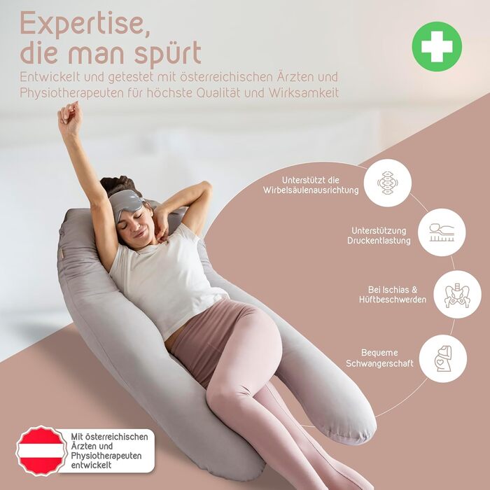 Подушка для сну на боці Mimi Kalu® Original з Memory Foam. В комплекті: чохол з 100% Soft-Cotton та маска для сну. Ідеальна для вагітних та годуючих мам, а також як м'яка подушка. Розмір: 130 x 70 см, колір: платиново-сірий.