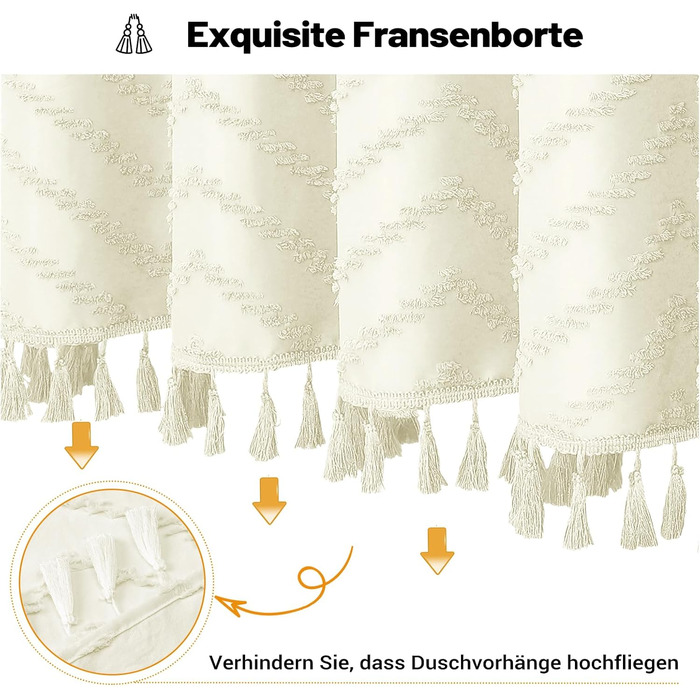 Штора для душу BTTN 180x180 см, бежева бохо, з китицями, водонепроникна, з гачками (1 шт)