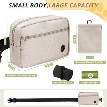 Сумка для собак з карабіном, сумка для тренування цуценят з відділенням для ласощів та тримачем для пакетів для вигулу, зручна сумка для перенесення ласощів для тварин з регульованим поясним ременем (Бежева)