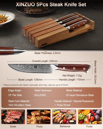 XINZUO Damascus Chef's Knife Set - 67 Layer High Carbon Steel, Professional Gyuto Knife with Rosewood Handle (5-Piece Steak Knife Set)