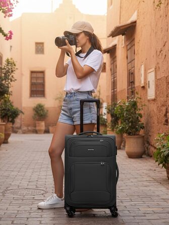 Набір валіз SMARTBOX 3 шт. для жінок та чоловіків | Легкі та міцні валізи-ролери, якісний softcase, 4 колеса та кодовий замок | Розширювані валізи (Чорний колір, валіза M (67 см))