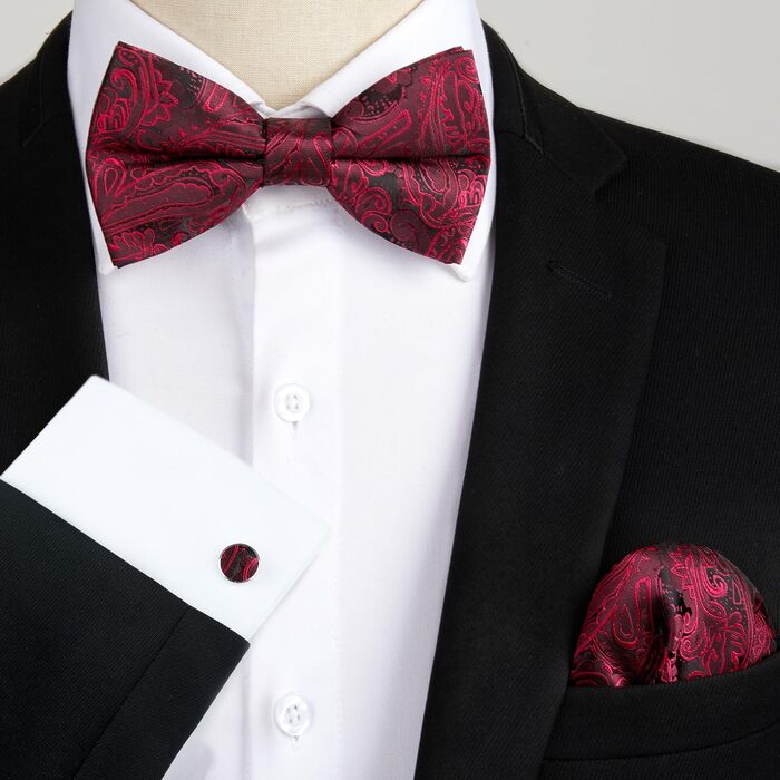 HISDERN Комплект краватки, нагрудного хустинки та запонок Paisley, з гачком, вже зав'язана, регульована, для весілля, свят, Різдва, Хелловіну (A2-Бордовий)