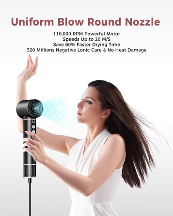Airstyler 5 в 1: Фен-щітка з іонізацією, 5 насадок, 20 м/с, 110 000 об/хв, легкий (340г), чорний