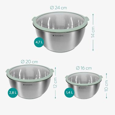 Navaris Stainless Steel Bowl Set with Lid - 3-Piece Mixing Bowl, Salad Bowl - Stainless Steel Bowl Set, Containers in Mint Green