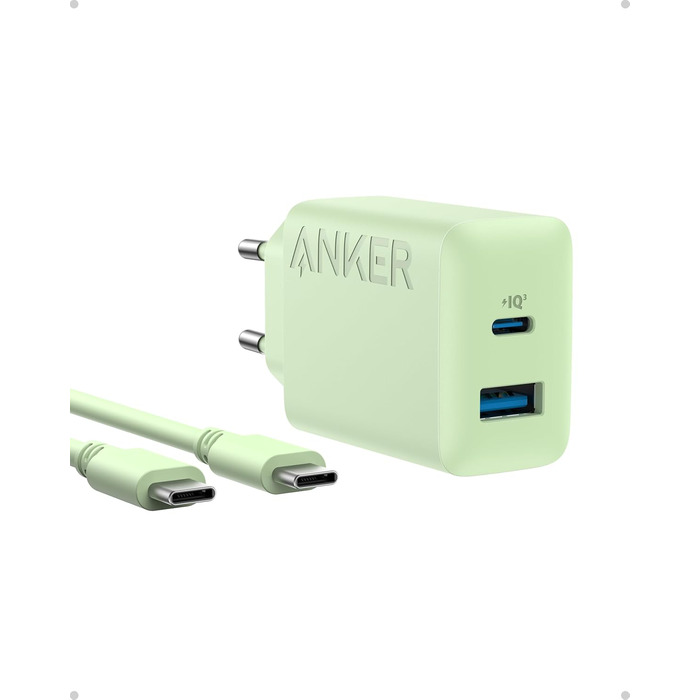 Зарядний пристрій Anker 20W USB-C, адаптер живлення для iPad, швидка зарядка, сумісний з iPhone 17/16/15, кабель USB-C (150 см), зелений