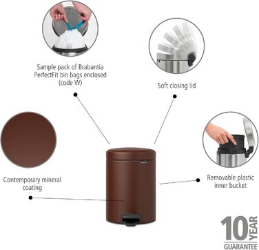 Відро для сміття Brabantia NewIcon 30L з м'яким закриттям, педальним механізмом та знімним внутрішнім відром (29 x 38 x 68 см, коричневе)