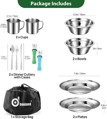 Набір посуду для кемпінгу Odoland на 2 особи: нержавіюча сталь, складний, з тарілкою та чашкою
