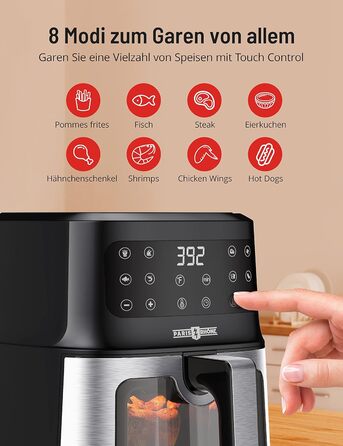 Фритюрниця PARIS RHÔNE з гарячим повітрям 5L XL з оглядовим вікном, 8-в-1, для миття в посудомийній машині, з One-Touch управлінням, антипригарне покриття кошика та знімний піддон