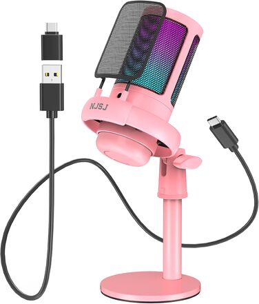 Мікрофон для ПК NJSJ Gaming з тримачем, USB мікрофон для Mac, PS4, PS5 (рожевий) з кнопкою вимкнення звуку, навушниками, поп-фільтром, кардіоїдний конденсаторний мікрофон для подкастів та стрімінгу